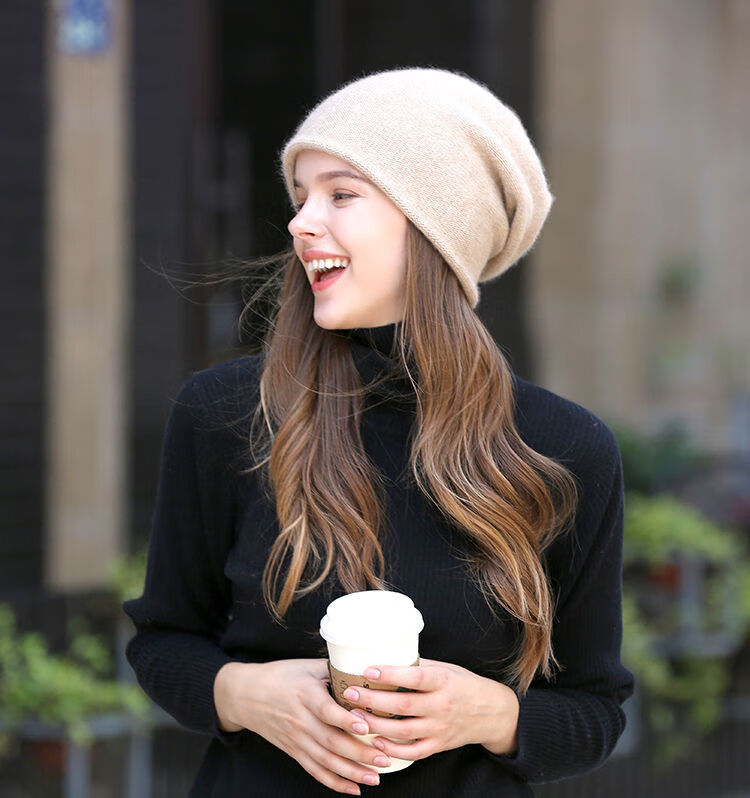 双层羊绒帽子女冬加厚韩版ins百搭时尚保暖护耳毛线帽针织堆堆帽黑色