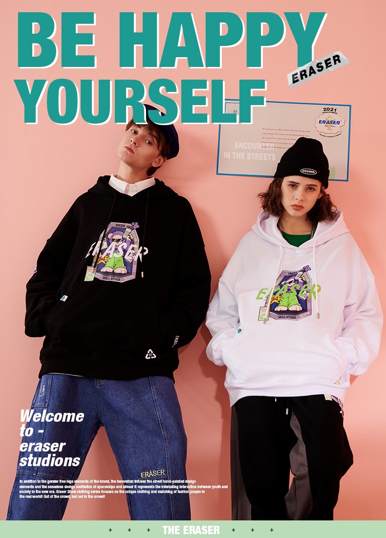 er笑脸连帽卫衣卫衣男女同款宽松印花国潮街头嘻哈情侣帽衫潮流ins