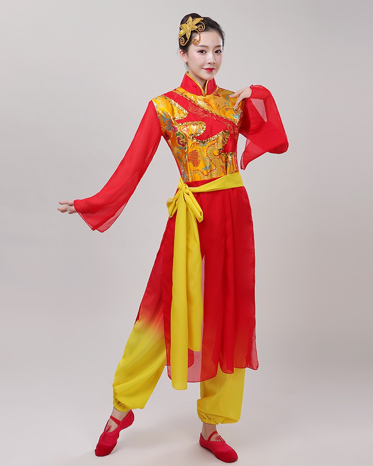 打鼓舞腰鼓服装女中国民族风古典红色喜庆中老年广场表演装红色s