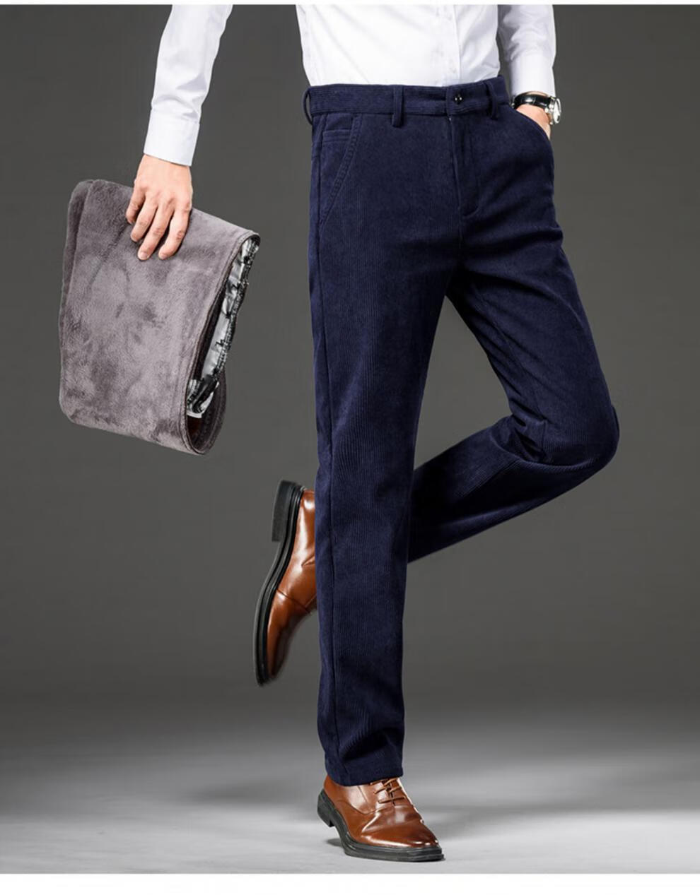 男装啄木鸟加绒加厚灯芯绒男裤中年大码休闲裤宽松商务休闲条绒裤冬厚