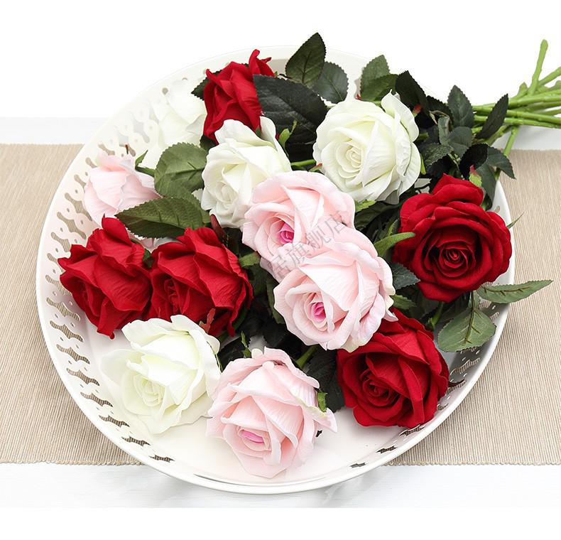 仿真玫瑰花单支假玫瑰花客厅装饰花绒布红玫瑰仿真花束绢花假花12支