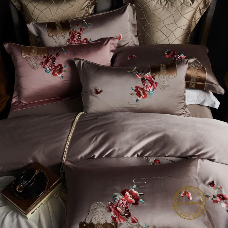 cathyladi新中式100支棉四件套牡丹花刺绣纯棉中国风绣花床上用品欧式