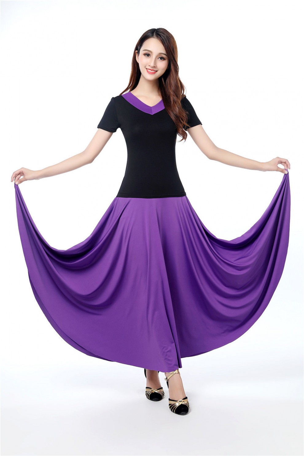 月袖新款民族风广场舞服装长裙女夏新疆舞半身裙藏族舞蹈服装纯玫红v