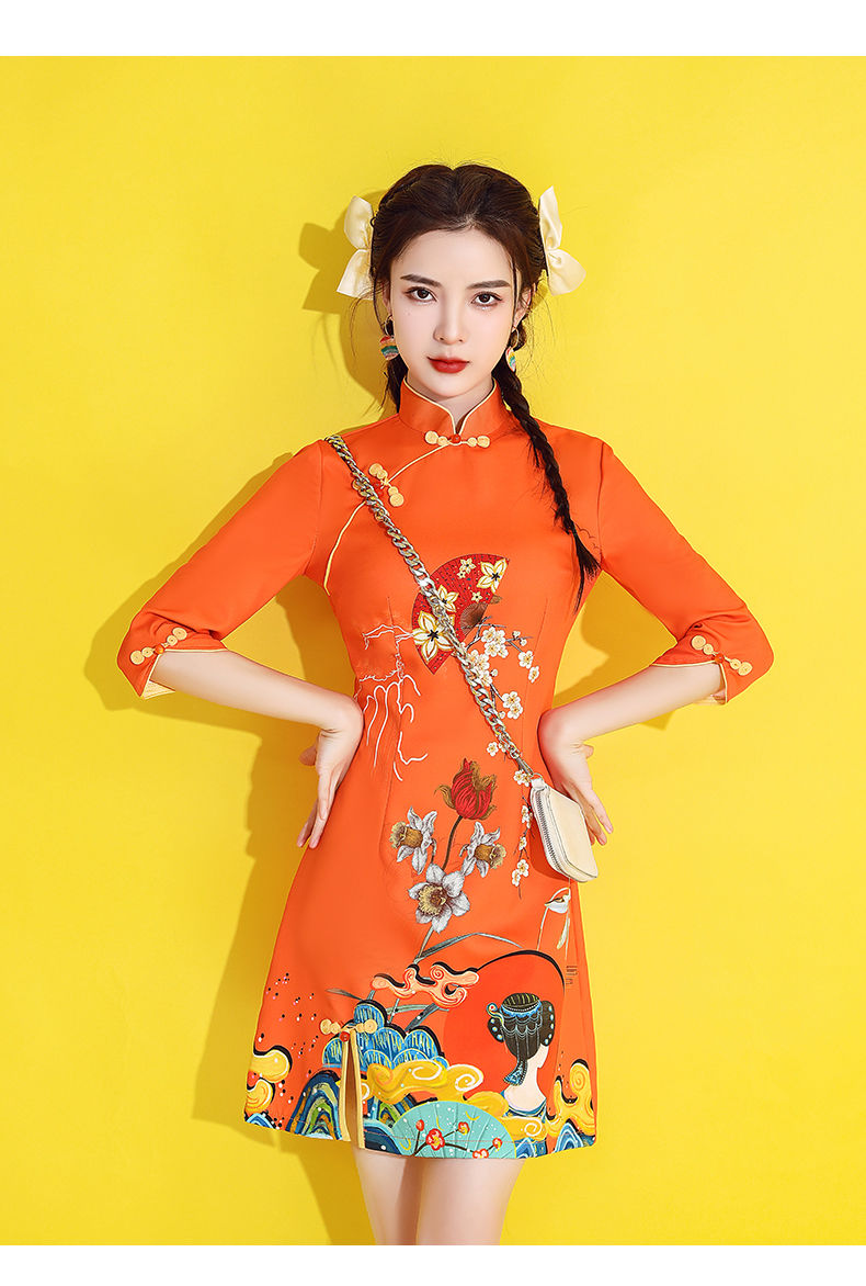 国潮旗袍2022年新款年轻款春秋橙色改良长款春季性感女装连衣裙sn4357