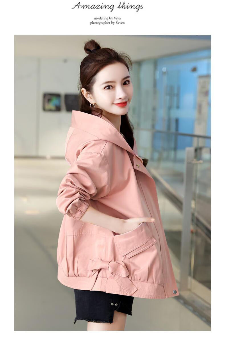 女2021春秋新款短款女装外套韩版连帽风衣休闲夹克小个子工装上衣潮米