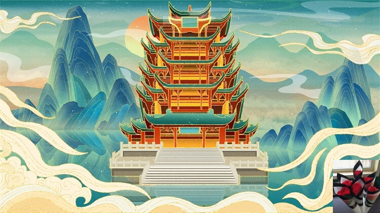 中国风国潮古建筑地标城市古风建筑阁楼印象地标手绘插画psd素材