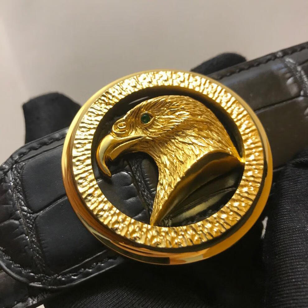 史蒂芬24k镀黄金扣头头层牛皮实心纯铜鳄鱼纹皮带腰带老鹰头黄金扣