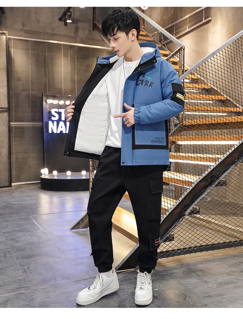 花花公子男士休闲新款套装男休闲加棉裤夹克两件套蓝色m