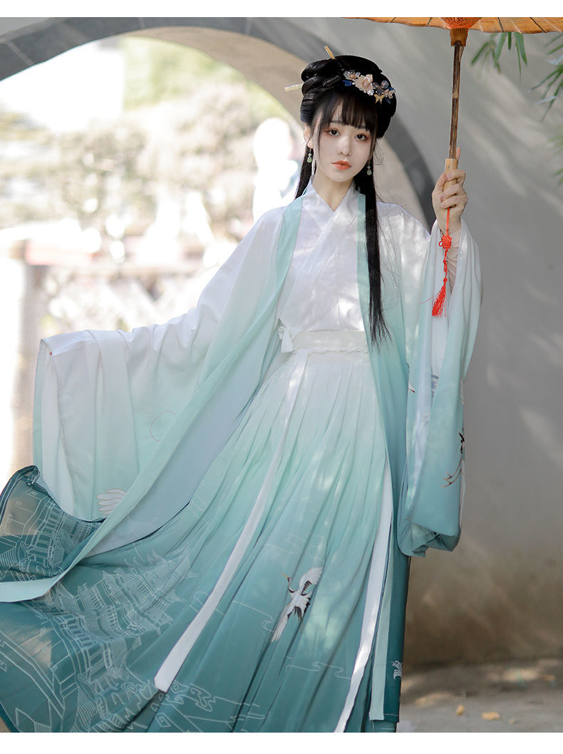 汉服女原创中国风晋制白菜全套齐腰襦裙魏晋风夏套装烟青色全套气泡袋