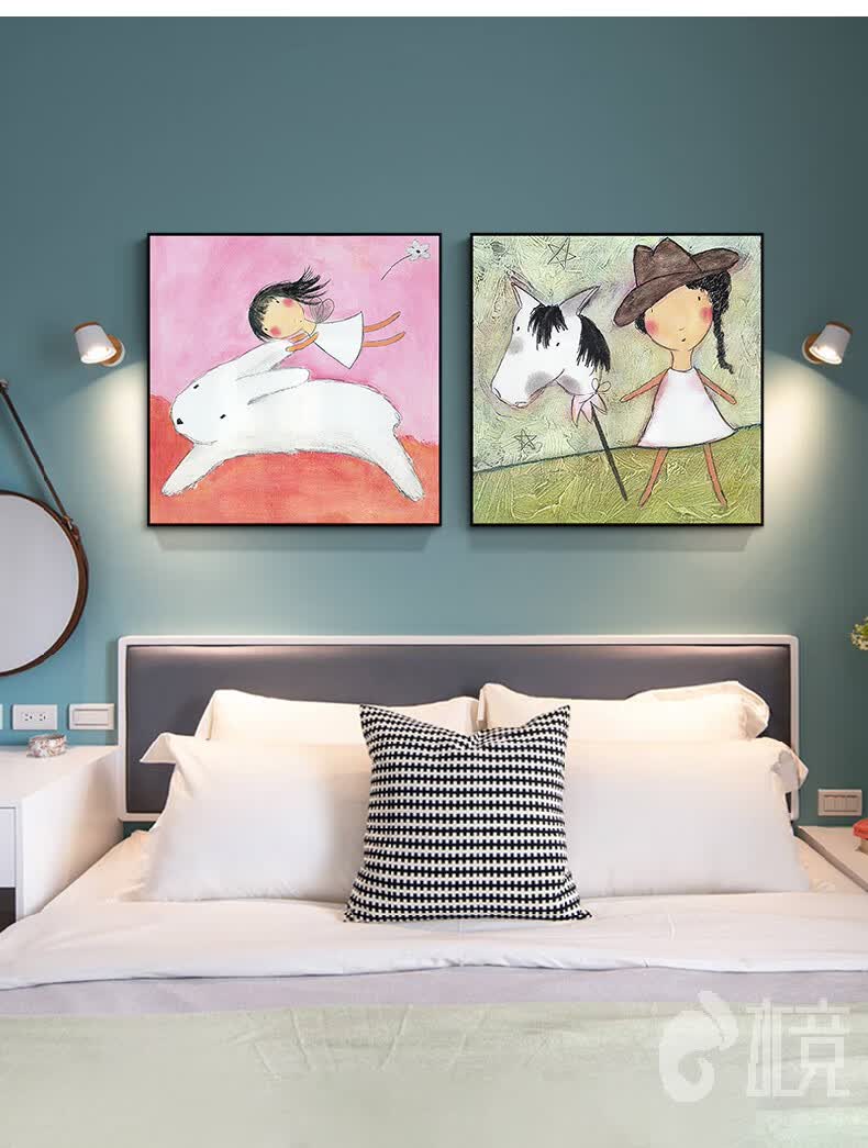 安格里手绘油画北欧儿童房装饰画现代简约壁画卧室床头挂画女孩卡通墙