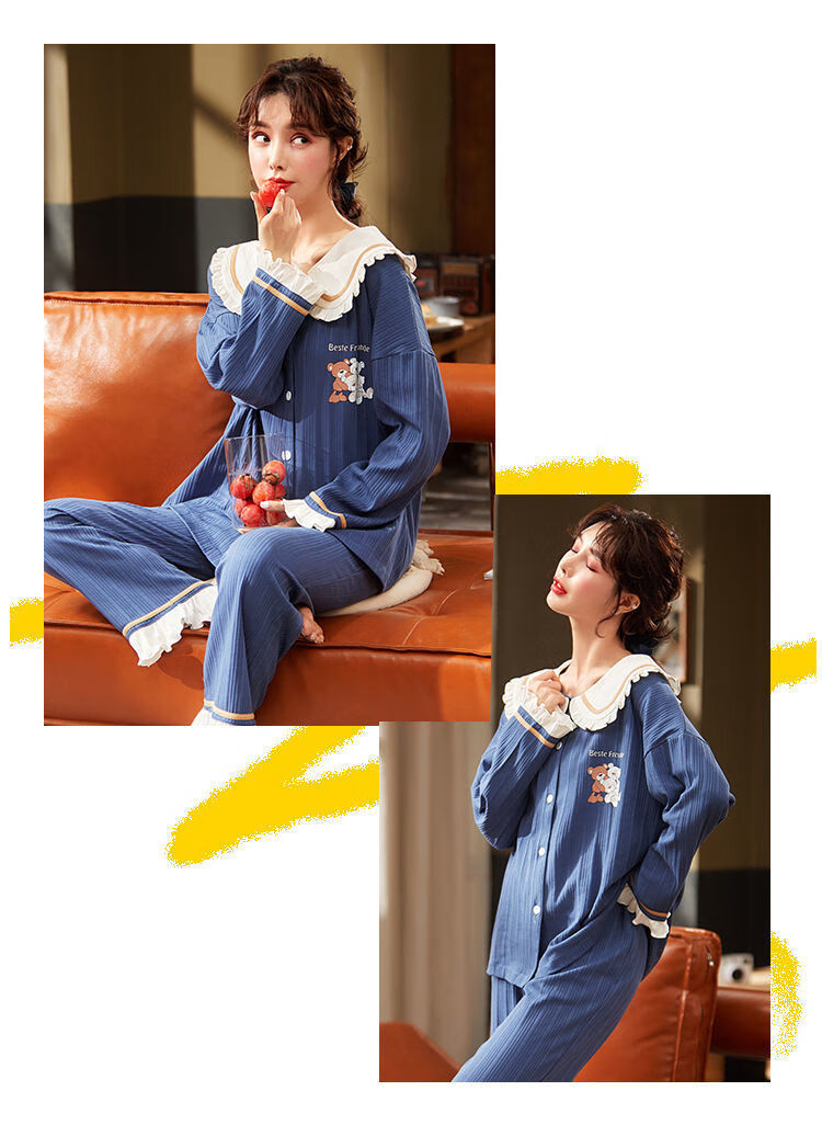 千奈美睡衣女春秋款长袖娃娃领甜美学生外穿家居服开衫宽松棉睡衣m主