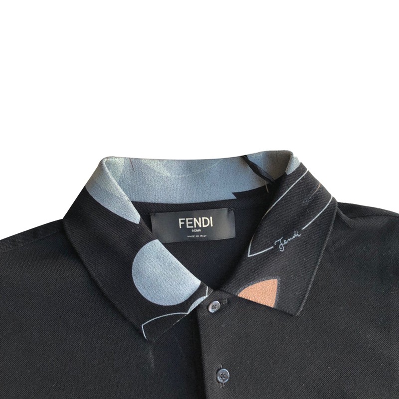 芬迪fendi男士polo衫t恤领边印花字母logo标上衣黑色xs码