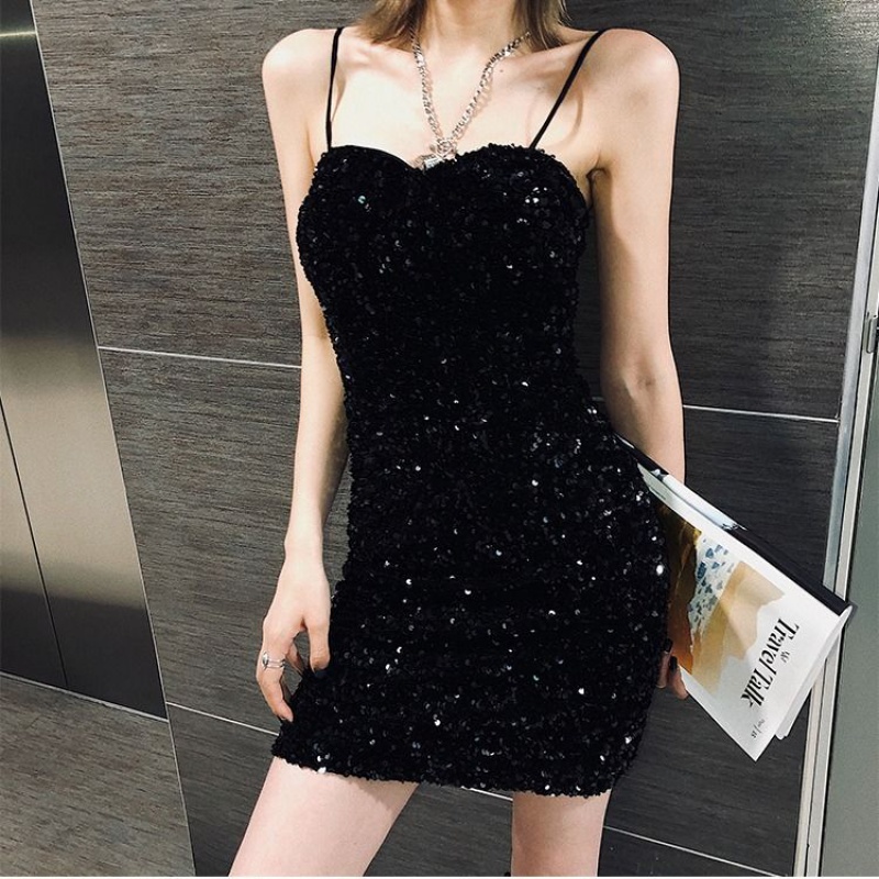 女士亮片吊带裙女秋冬亮闪闪短裙透光网红蹦迪小黑裙性感连衣裙s黑色