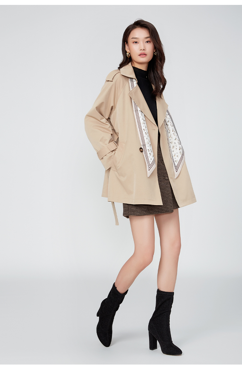 阿依莲风衣女小个子英伦风西装领薄款秋冬新款2021外套中长款 卡其 l