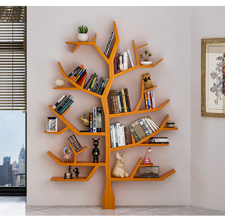 树形书架实木创意艺术树形书架办公室客厅转角墙面置物架落地房圣诞树