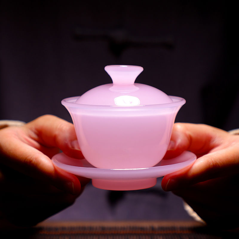高档茶具景德镇芙蓉玉瓷盖碗三才茶碗小号女士粉色白瓷琉璃玻璃玉石