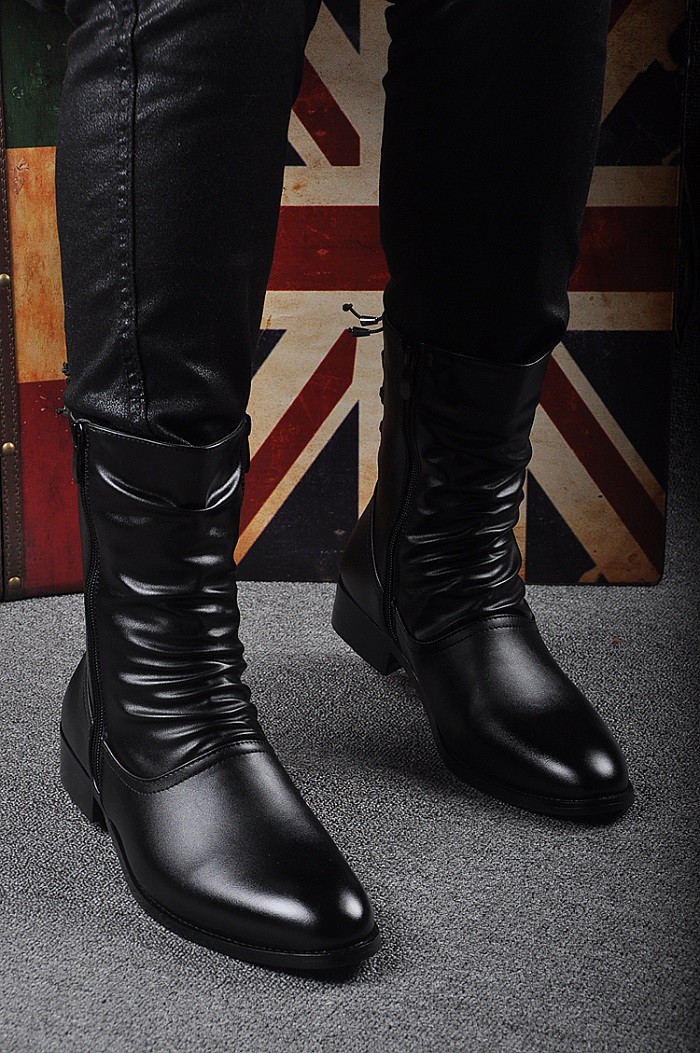 长筒靴男冬靴男款马靴长靴男秋冬季韩版中筒男靴皮鞋高帮男加绒尖头