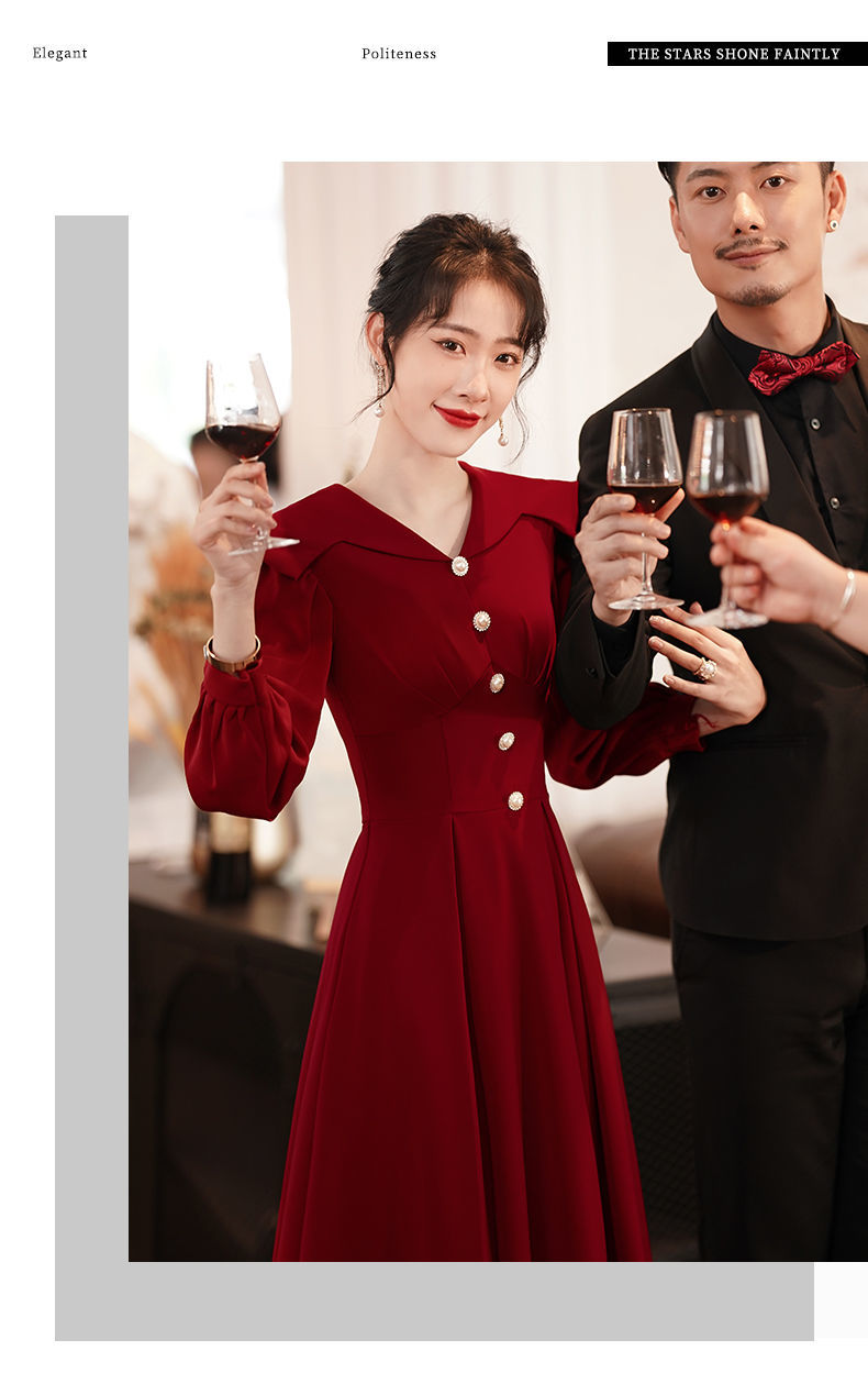 长袖敬酒服新娘冬季小个子酒红色结婚订婚礼服平时可穿简单秋千坠酒