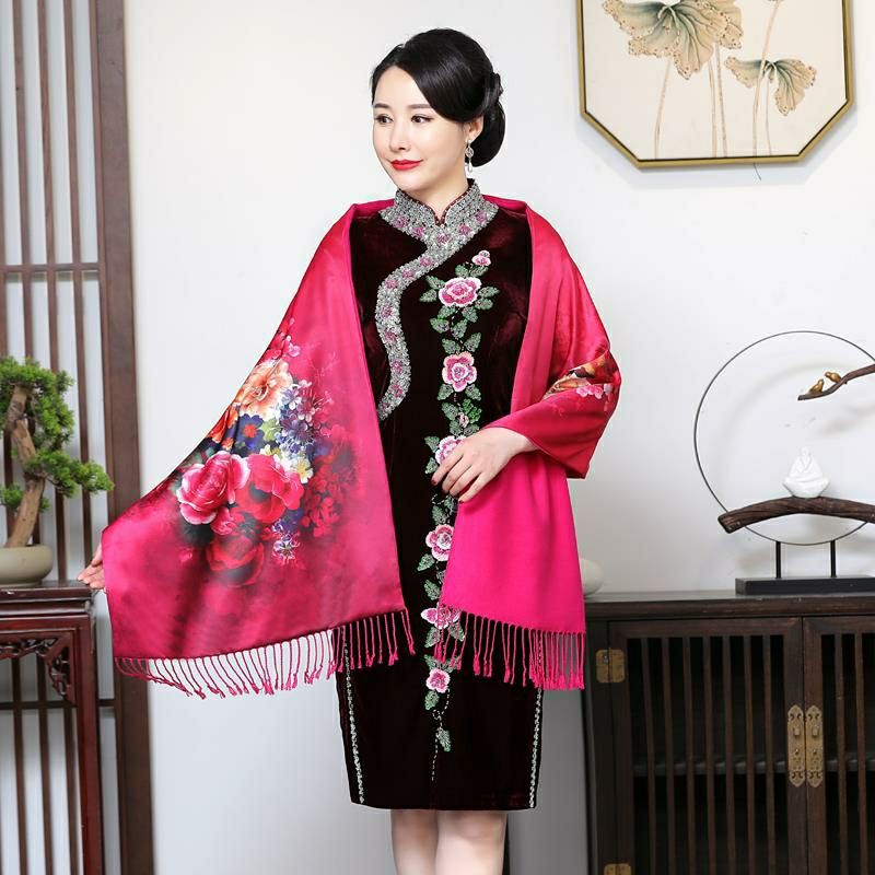 欧倩姗新品旗袍披肩双层双色女士长围巾披肩两用婚宴妈妈旗袍披肩外披