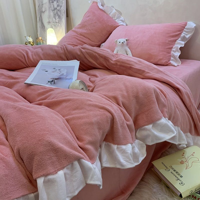 少女心加绒双面绒床单四件套浅粉牛奶绒女生宿舍被套床笠jh牛奶绒冰莓