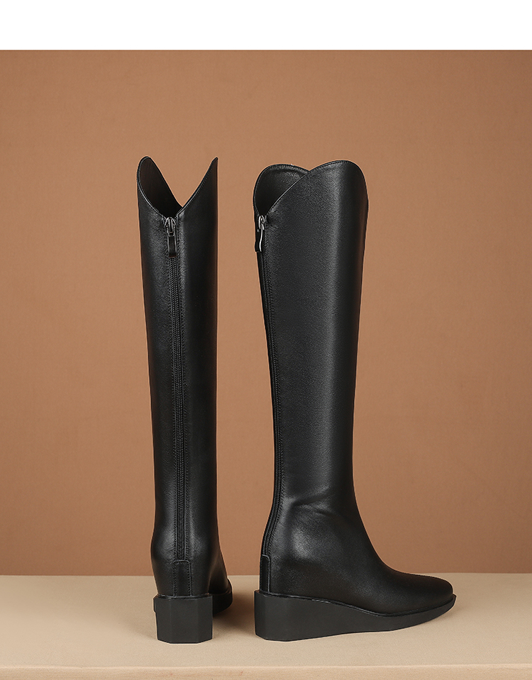 雅格罗伊 软皮鞋女坡跟长靴女士软皮靴v口长筒靴内增高不过膝长靴子秋