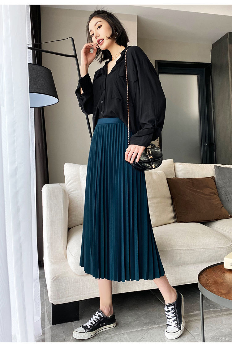 百褶裙半身裙女春秋2021新款高腰a字垂感显瘦中长款长裙黑色均码适合