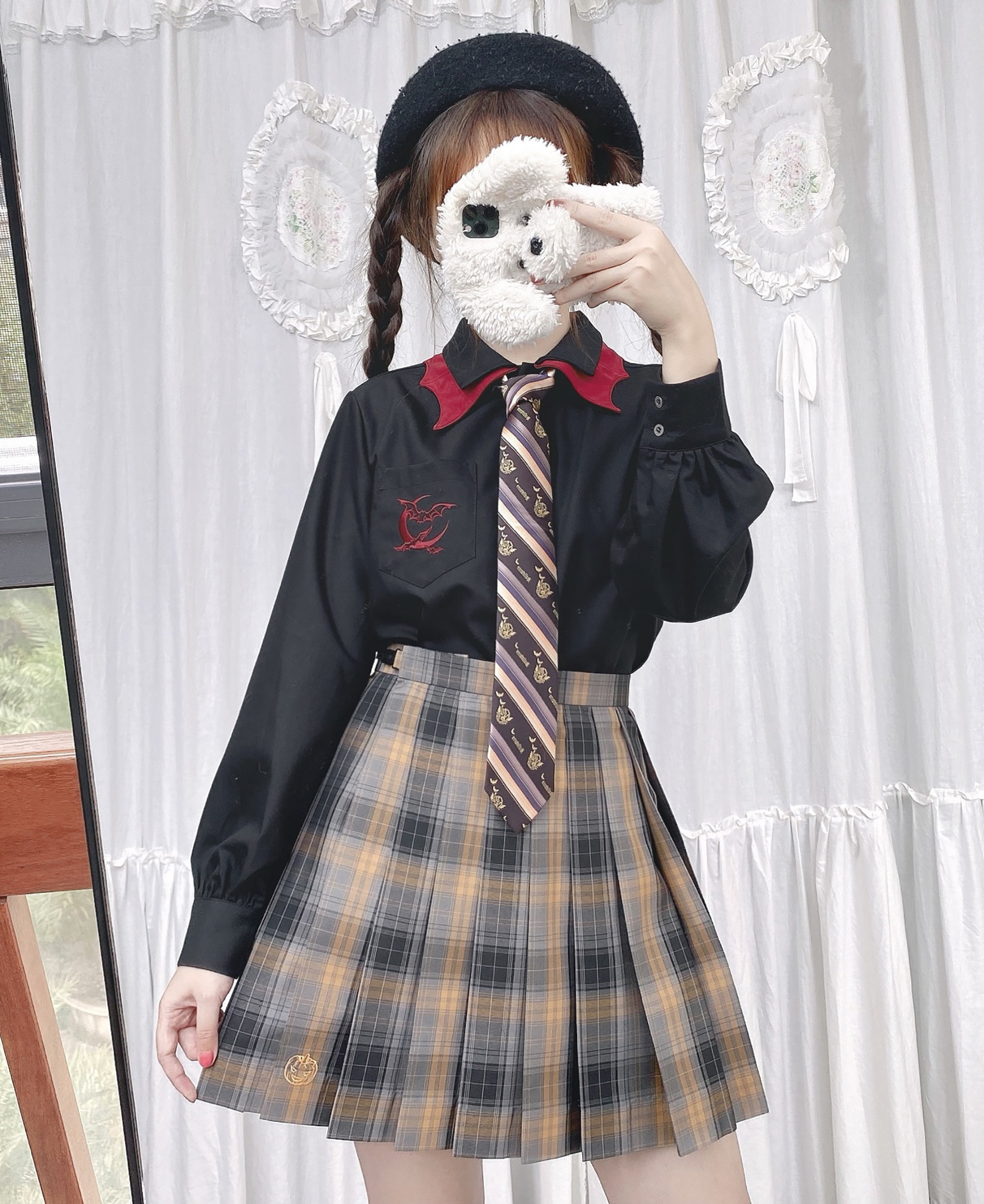 御茶家暗夜长袖黑色衬衫jk女甜酷双层领现货女款m