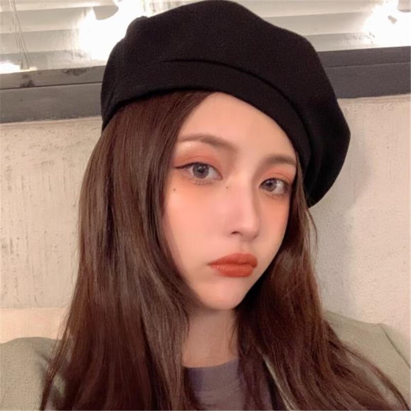 新款韩版网红同款时尚百搭气质贝雷帽超火外搭纯色帽子女黑色55575