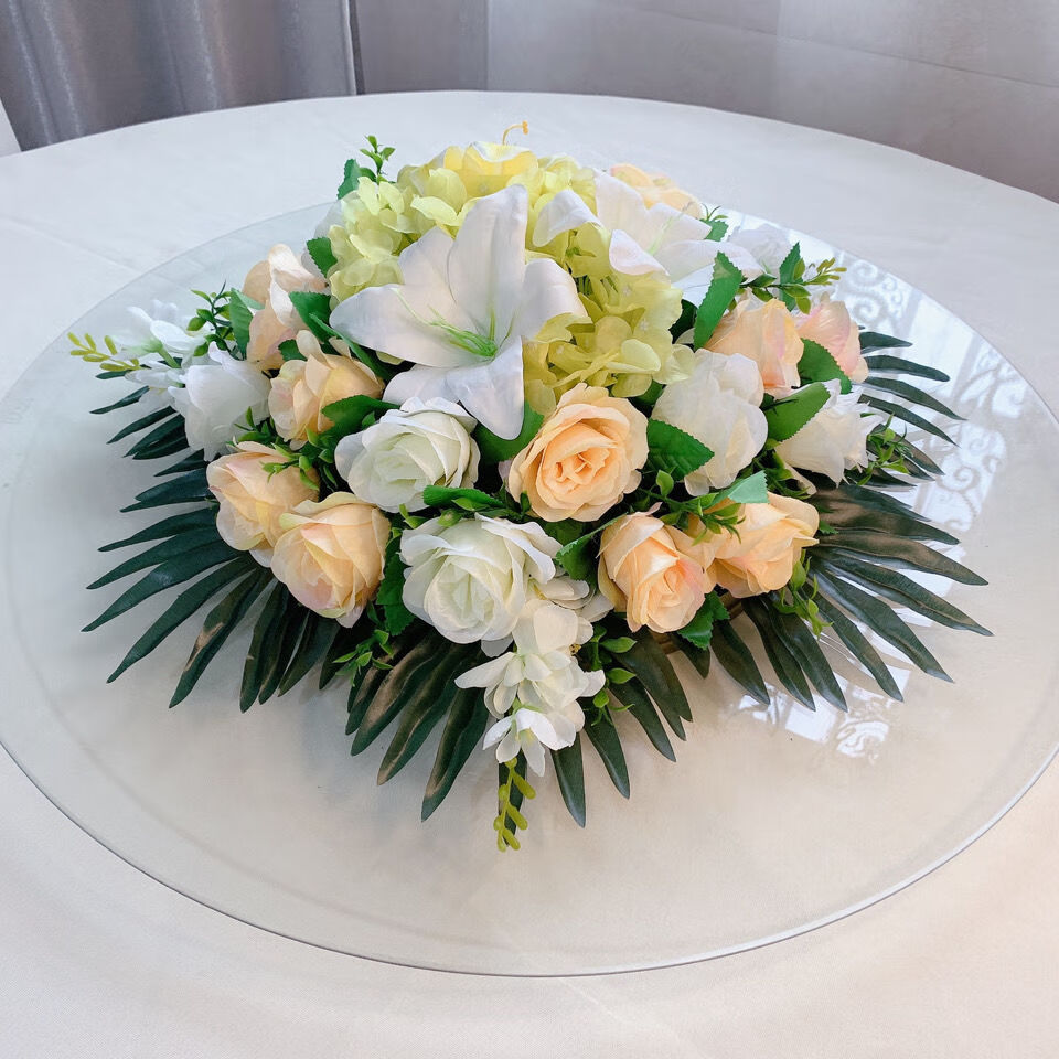精选酒店餐桌花仿真花大圆桌摆花转盘餐桌花艺玫瑰绢花台花装饰花春暖