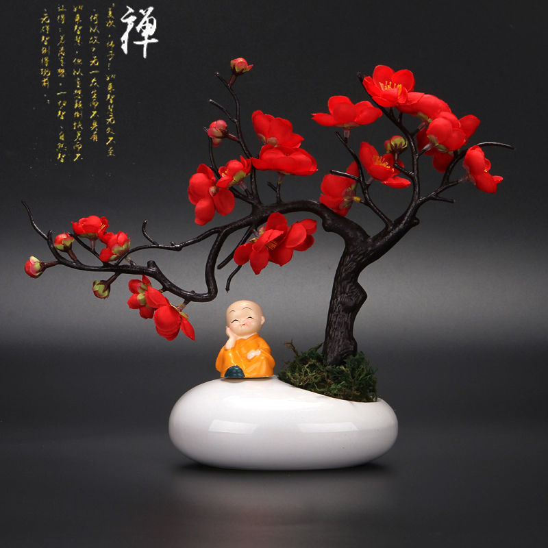 中式仿真花盆景腊梅装饰中国风客厅酒柜茶桌书房禅意梅花花艺摆件黑瓷