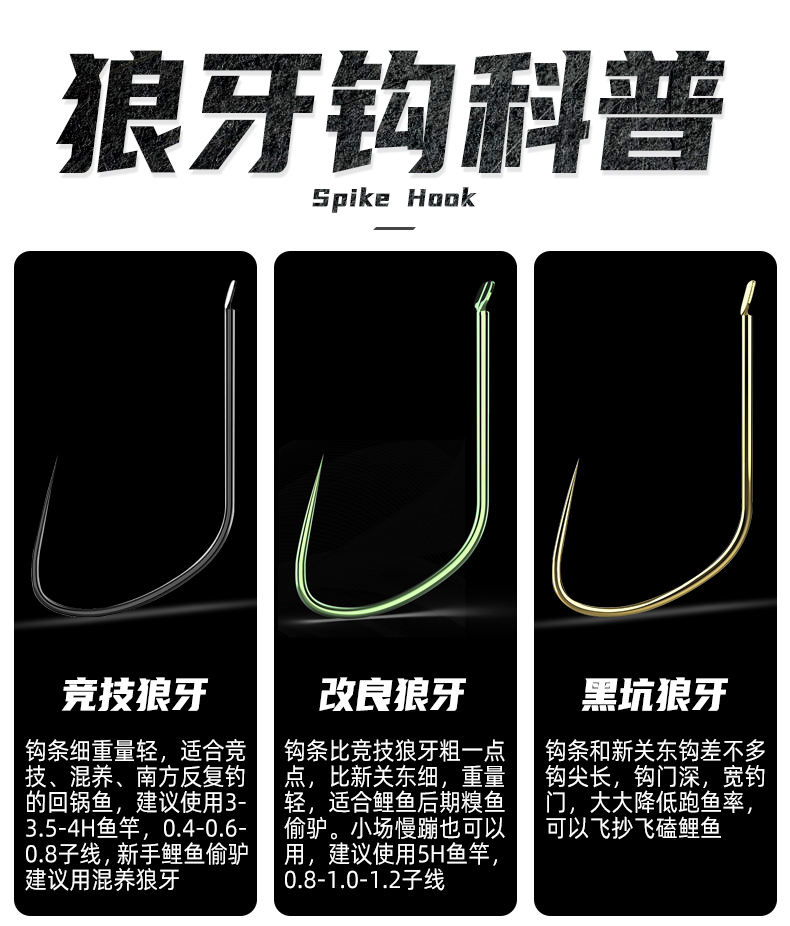 润本 竞技狼牙鱼钩 散装黑坑鲤鱼钩 改良倒刺鲤角渔沟 细钩条 黑坑
