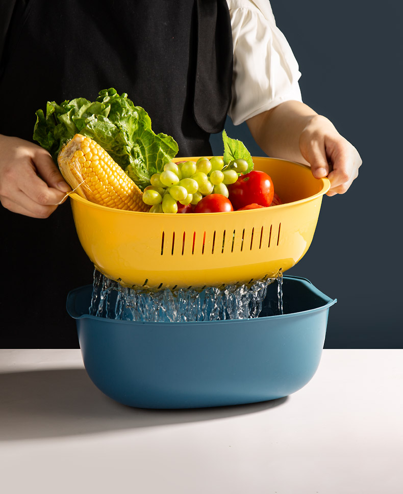 维艾洗菜篮子双层洗菜盆塑料沥水篮子漏盆菜蓝淘菜盆家用厨房洗水果盘