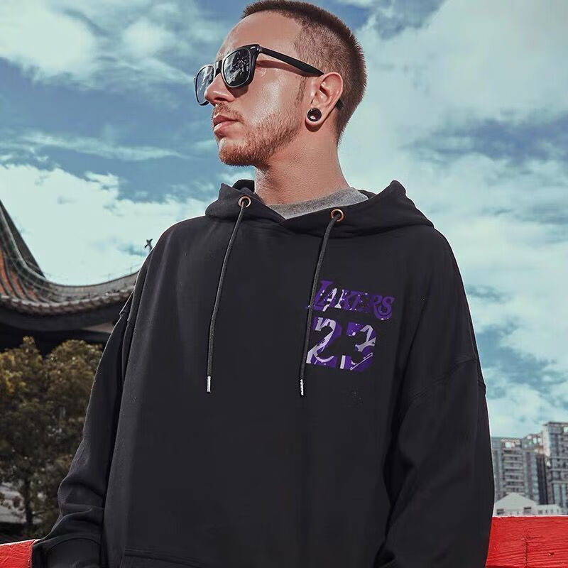 潮牌男连帽24大码宽松潮流嘻哈街头国潮湖人帽衫篮球卫衣 黑色la手势