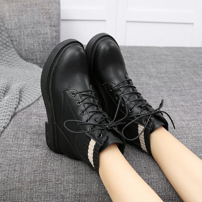 1秋冬女大童皮鞋女孩短靴学生系带单靴黑色马丁靴15岁韩版77106黑色加