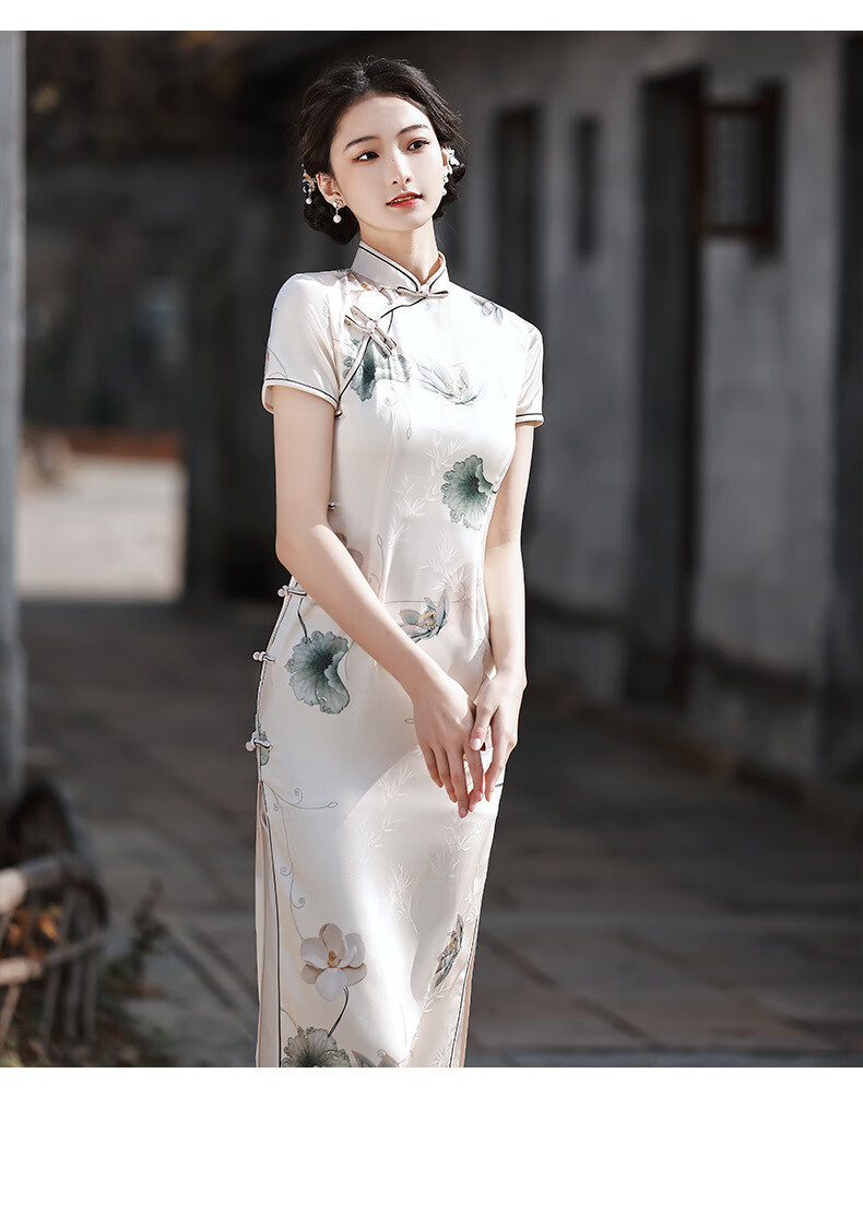 真丝旗袍高端长款少女款2022新款仿杭州夏季复古走秀演出中国风气质
