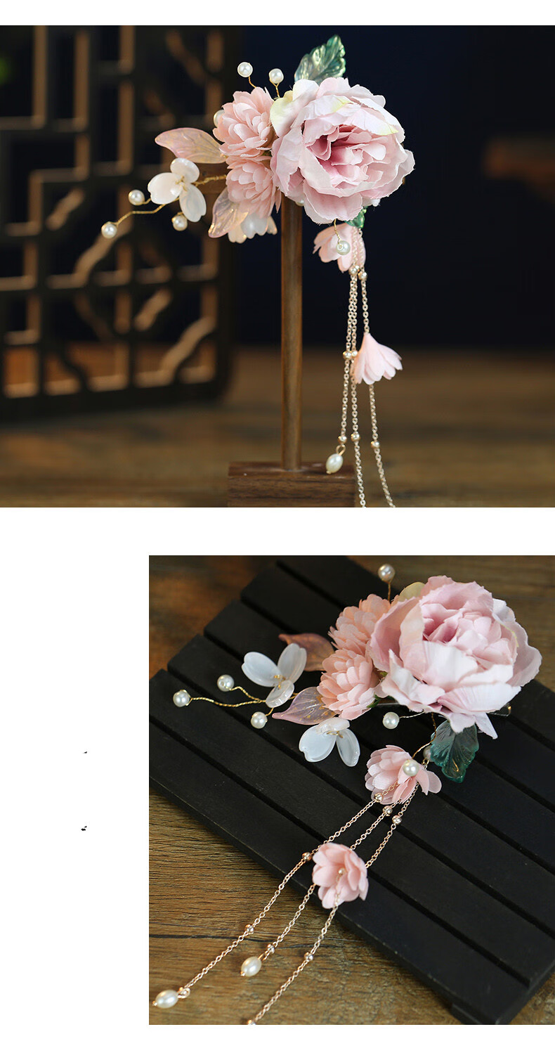 后压头饰古风绢花唐风裙花朵汉服女仙气发夹流苏边夹宋制发饰豆沙粉比