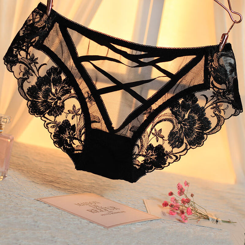 欧美宫廷刺绣性感透明网纱内裤女蕾丝镂空绑带火辣诱惑纯棉底情趣内衣