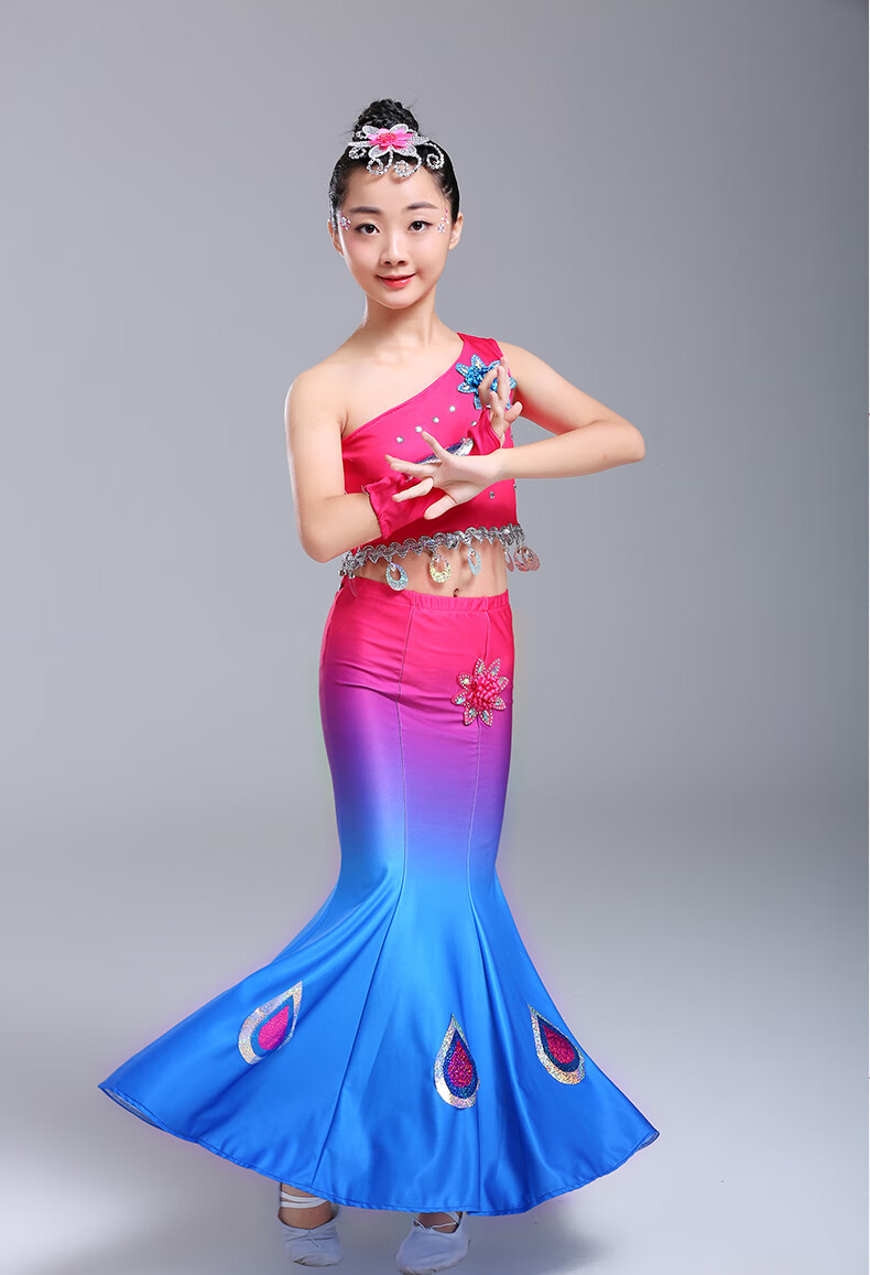 云南西双版纳傣族服装舞蹈孔雀舞服儿童女幼儿少数民族舞蹈鱼尾裙定制