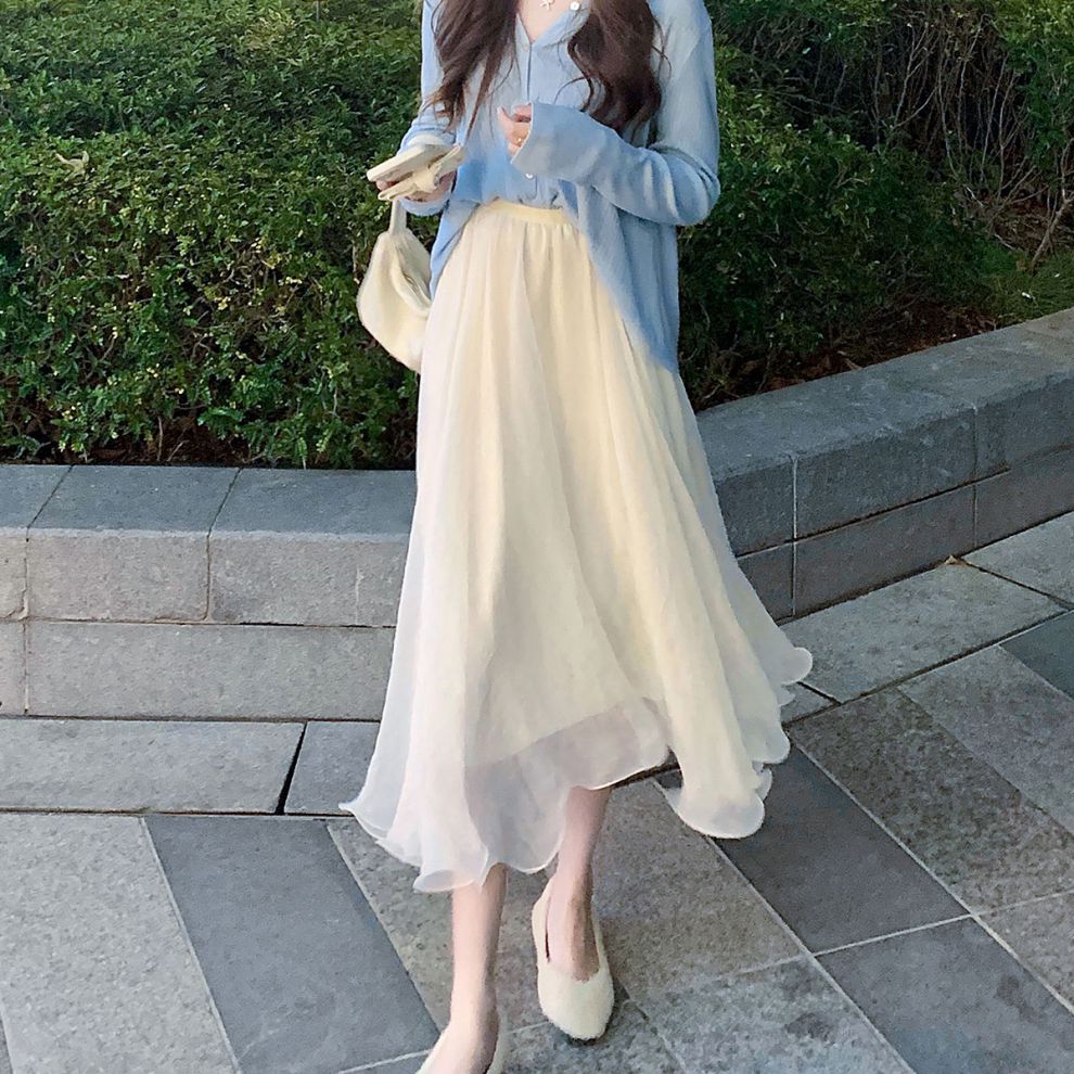 白纱裙夏季白色网纱半身裙子女2022新款夏天小个子仙气纱裙雪纺长裙