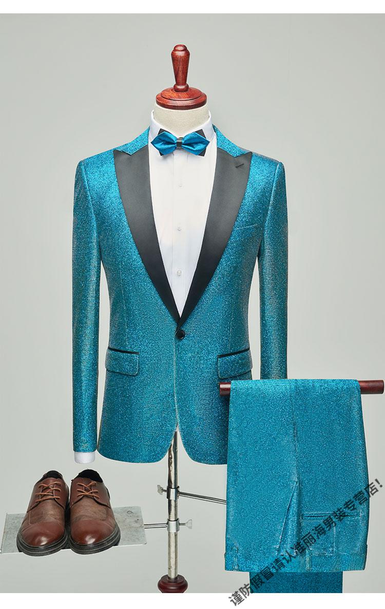 高端西服套装男士商务宴会司仪主持人亮面闪光个性西装男修身礼服