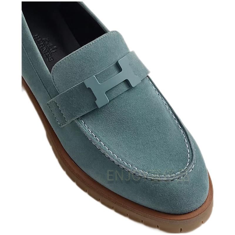 hermes爱马仕皮鞋女士乐福鞋驾车鞋一脚蹬h扣橡胶底黑色 蓝色 35