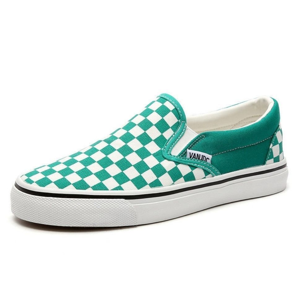 黑白格子鞋一脚蹬棋盘格套脚帆布鞋男女学生滑板鞋绿白格40
