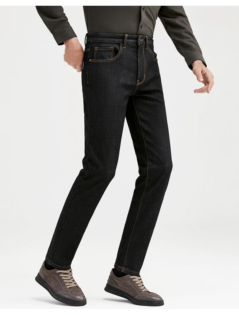 柒牌男装加绒牛仔裤男2021秋冬新款中年男士直筒休闲加厚黑色裤子潮