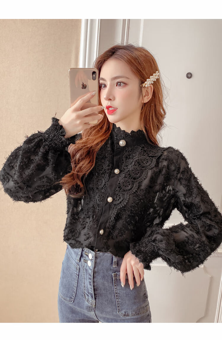 蕾丝衬衫女秋冬新款半高领宽松长袖立领衬衣加绒加厚打底衫潮在礼杏色