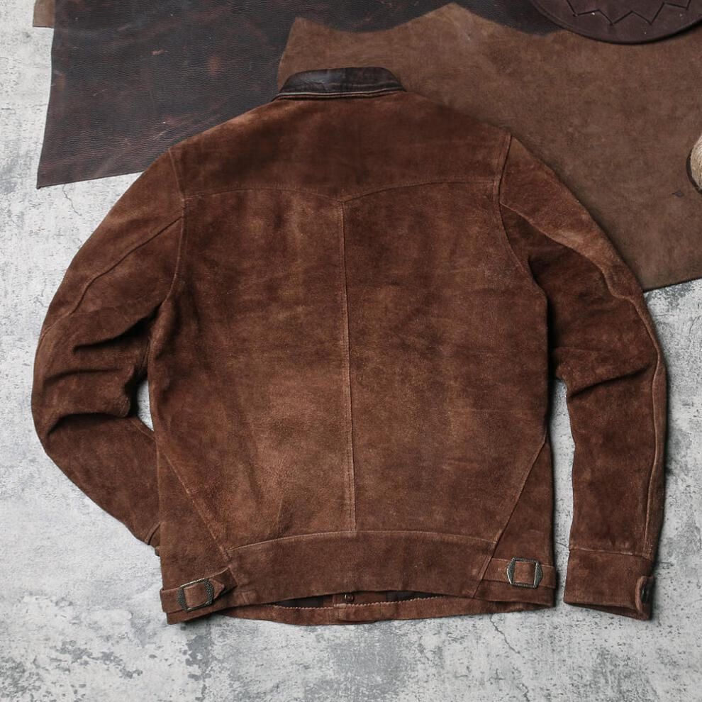 真眞皮皮衣反绒皮衣男士翻领外套复古皮夹克头层翻毛牛皮棕褐色m