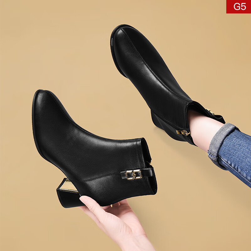 珂纷 中老年女式半高跟皮靴春秋中跟单靴高跟鞋春秋冬季皮鞋中年妈妈