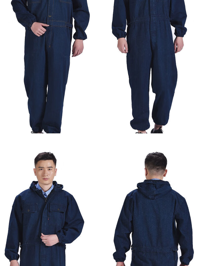 加厚耐磨牛仔连帽连体服喷漆服大码迷彩劳保服汽修工作服防尘服男