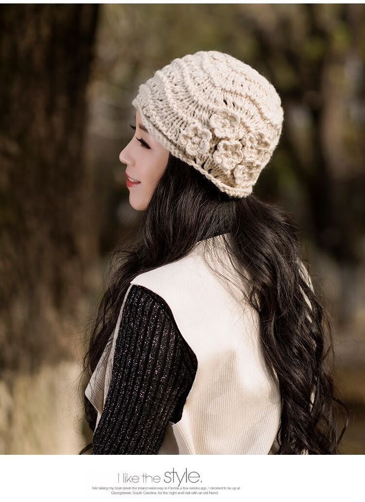 秋冬韩版潮镂空钩花女士冬季包头帽头巾毛线针织帽卡其手工编织5659cm