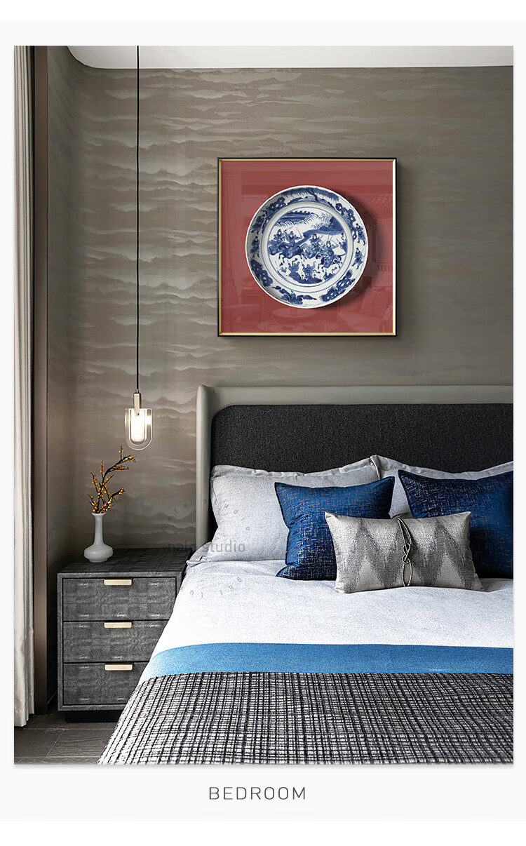 冰盘 中式蓝色青花瓷书房装饰画玄关挂画中国风客厅餐厅壁画君吻 d款