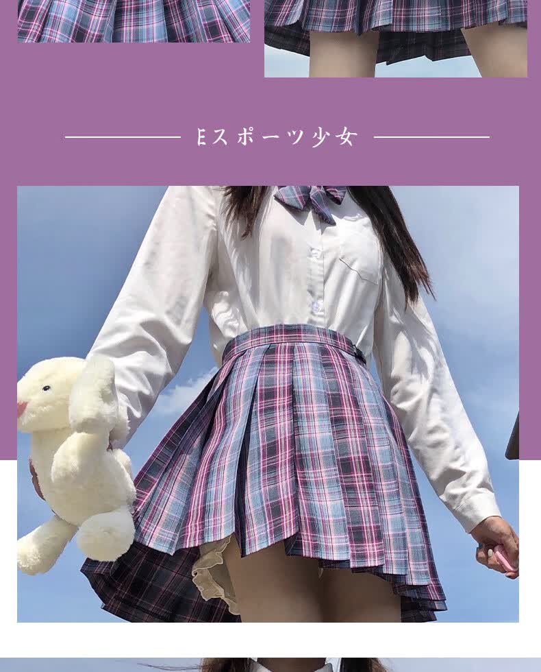 短裙全套春季半身百褶裙子兔姬舍 电竞少女格裙 领结 长袖刺绣黑衫 a